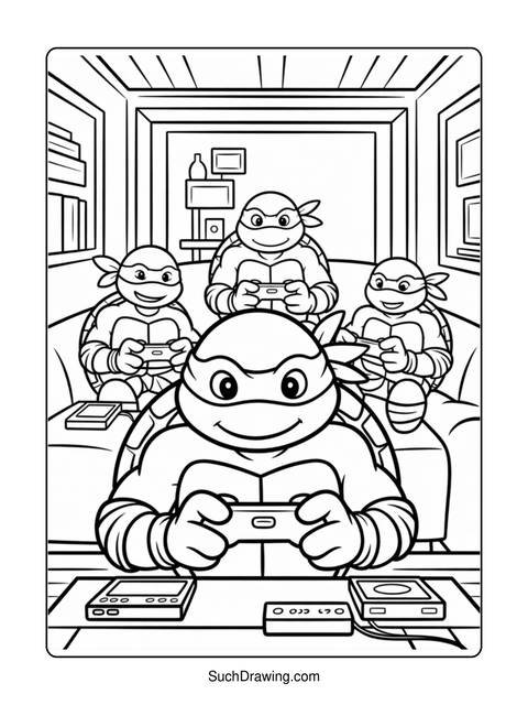Black and white coloring page of the teenage mutant ninja turtles playing video games