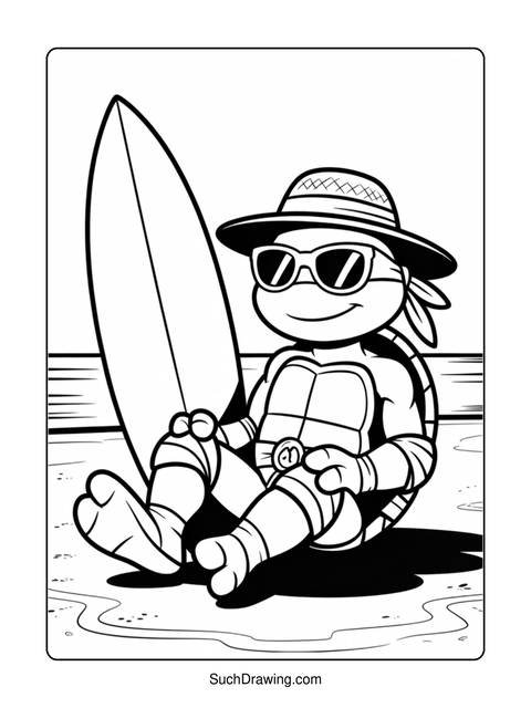 A teenage mutant ninja turtle wearing sunglasses and a hat, holding a surfboard