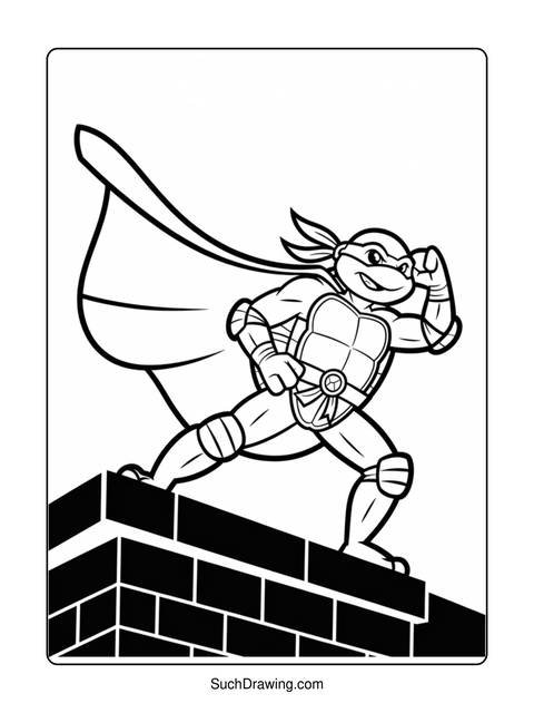 A teenage mutant ninja turtle standing on a brick wall, cape flowing