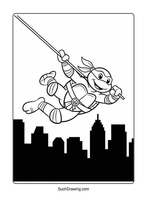 A teenage mutant ninja turtle character swinging with a staff over a city