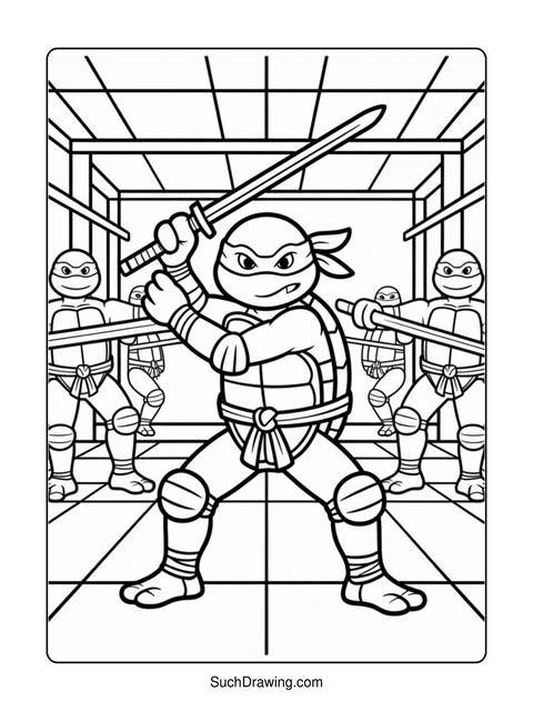 Coloring page of a teenage mutant ninja turtle wielding a sword