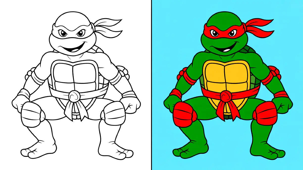 Ninja turtle coloring page: a green turtle with a red mask, ready to color