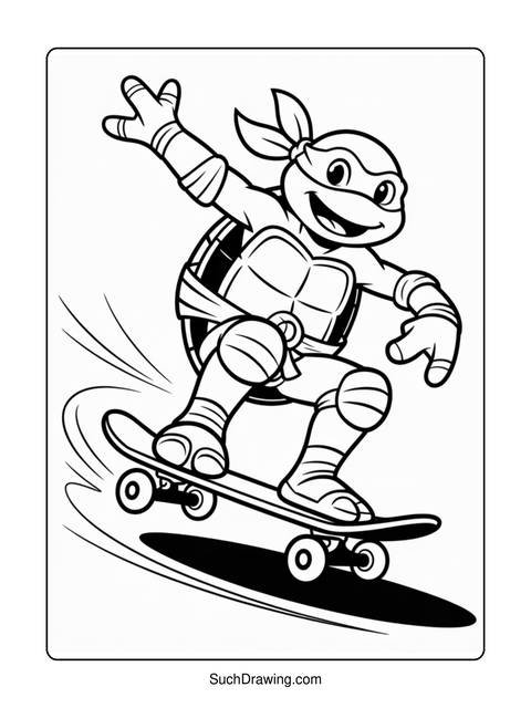A teenage mutant ninja turtle skateboarding with a big smile on his face