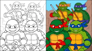 Ninja turtles coloring page featuring the four iconic heroes, half colored