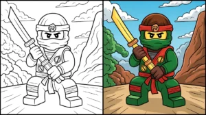 Ninjago coloring page featuring a ninja character holding a golden sword