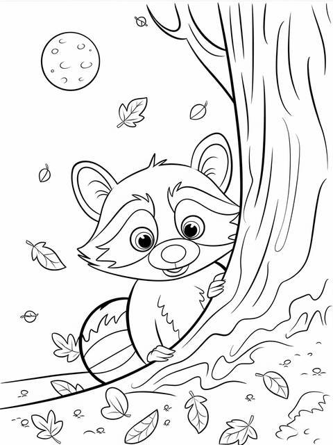 Coloring page of a curious raccoon peeking from behind a tree in november