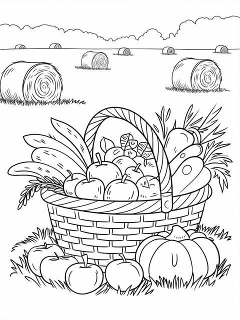 Black and white coloring page of a harvest basket overflowing with apples and pumpkins