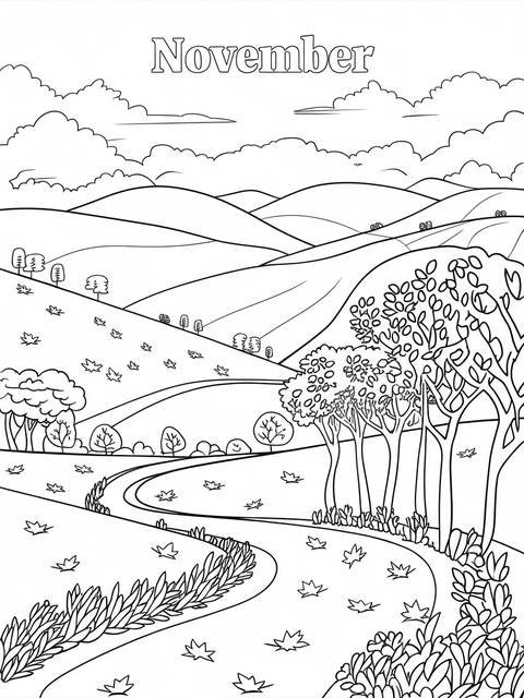Scenic fall landscape coloring page for november, with hills and a winding road