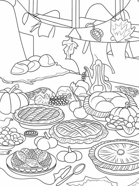Black and white illustration of a thanksgiving feast, featuring pies and pumpkins