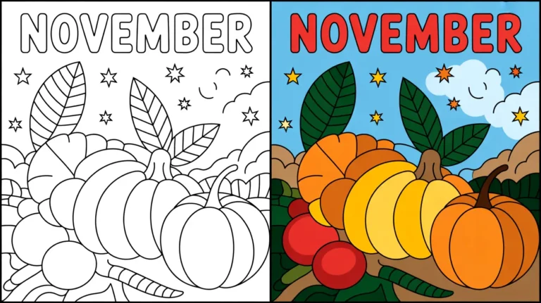 November coloring page with pumpkins and leaves, a two-panel illustration