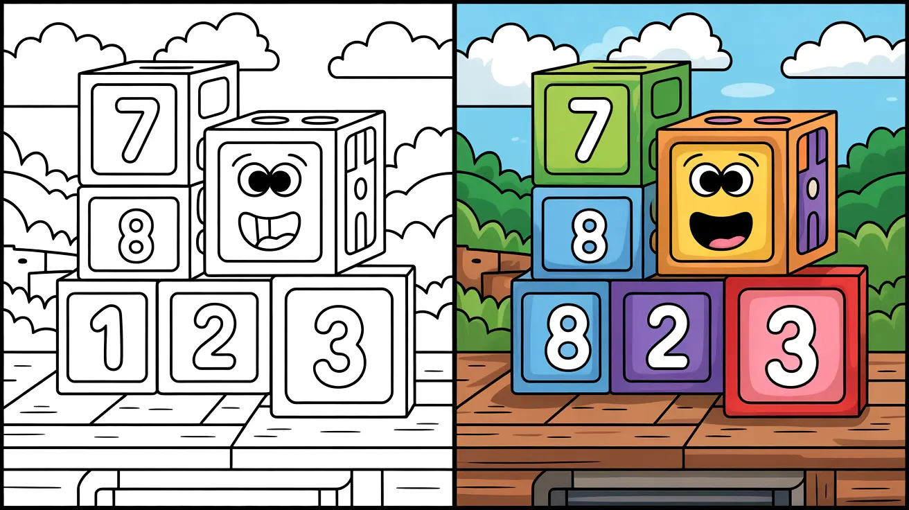 Numberblocks coloring page featuring blocks with numbers 1, 2, 3, 7, and 8