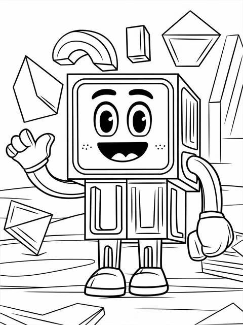 Numberblocks numberblock one character coloring page, smiling and waving, with geometric shapes