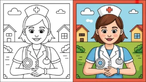 Nurse coloring page depicting a smiling nurse with stethoscope, near houses and clouds