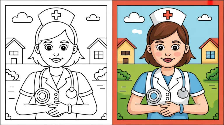 Nurse coloring page depicting a smiling nurse with stethoscope, near houses and clouds