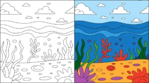 Ocean coloring page with a two-panel image depicting underwater and sky scenes
