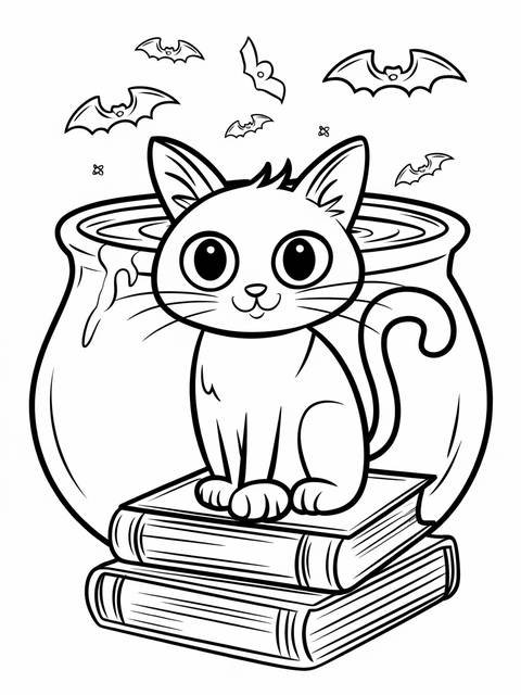 October-themed coloring page: black cat with expressive eyes, books, and bats