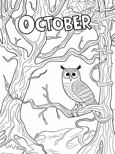 October forest scene coloring page featuring an owl perched on a branch