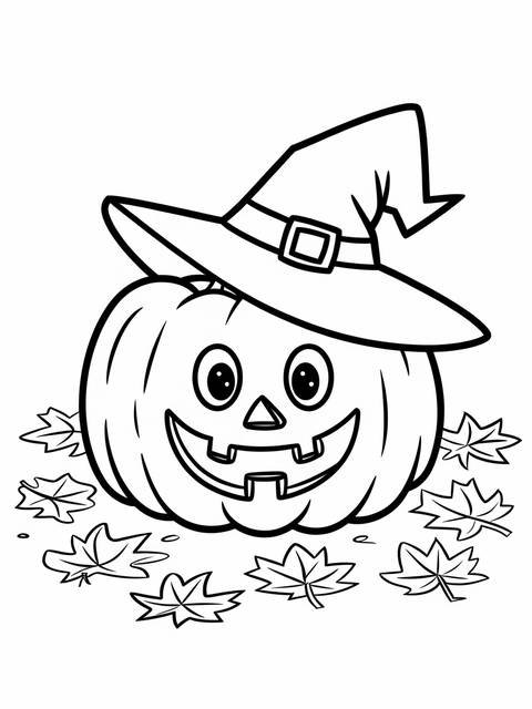October-themed coloring page featuring a friendly pumpkin character wearing a witch hat
