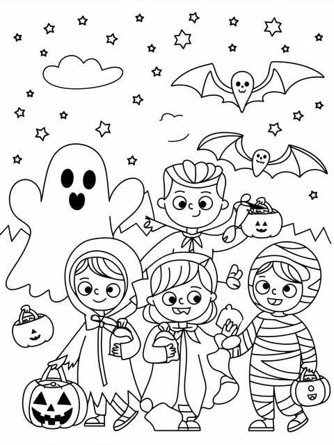 Black and white coloring page: a group of children in halloween costumes