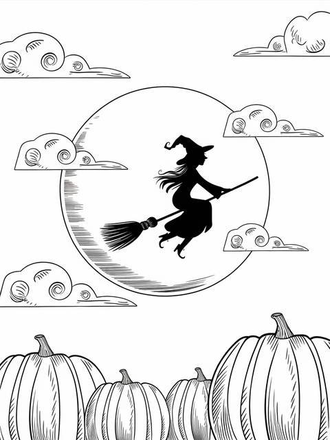 October scene: witch on broom flies before a full moon, with pumpkins below