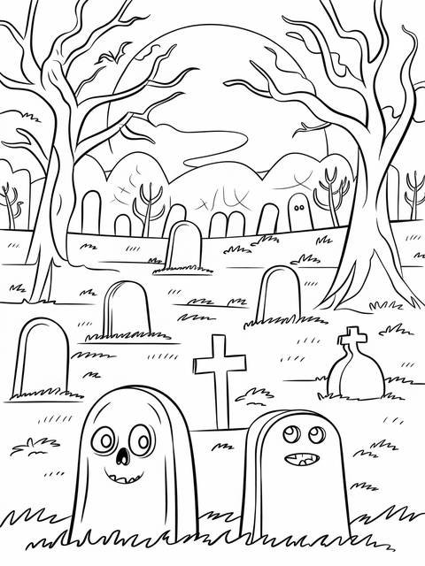 Sinister graveyard coloring page with ghosts, tombstones, trees, and a full moon