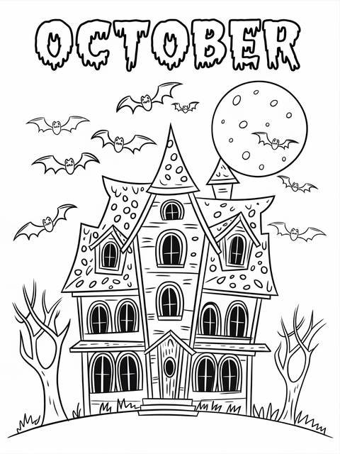 October coloring page featuring a spooky haunted house with bats and a full moon