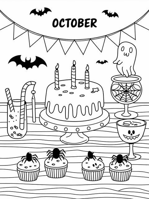 Halloween party table setting with cake, cupcakes, bats, and ghost decorations for october
