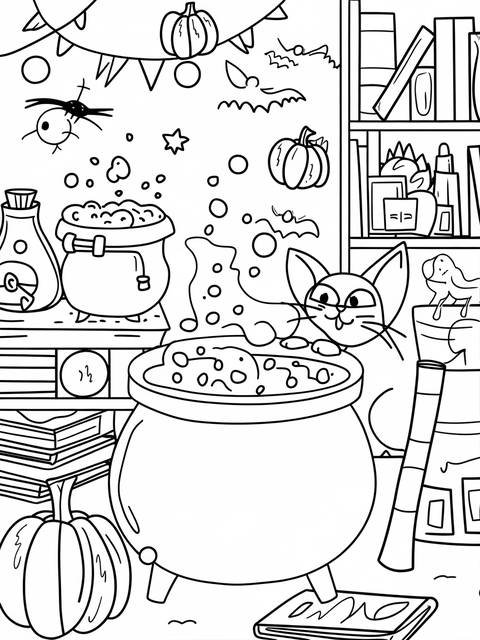 Black and white coloring page of a witch's october workshop with pumpkins and a cauldron