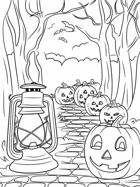 October-themed coloring page: an old-fashioned lantern and carved pumpkins