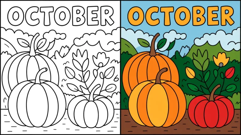 October coloring page featuring pumpkins and foliage, a two-panel image