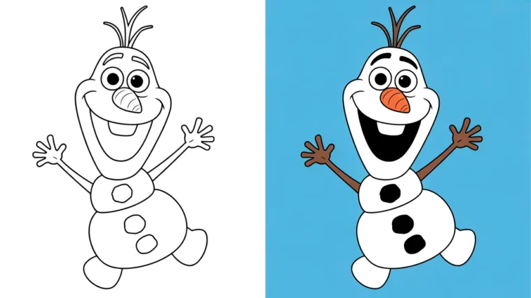 Two-panel olaf coloring pages: one outlined, the other colored with a blue background