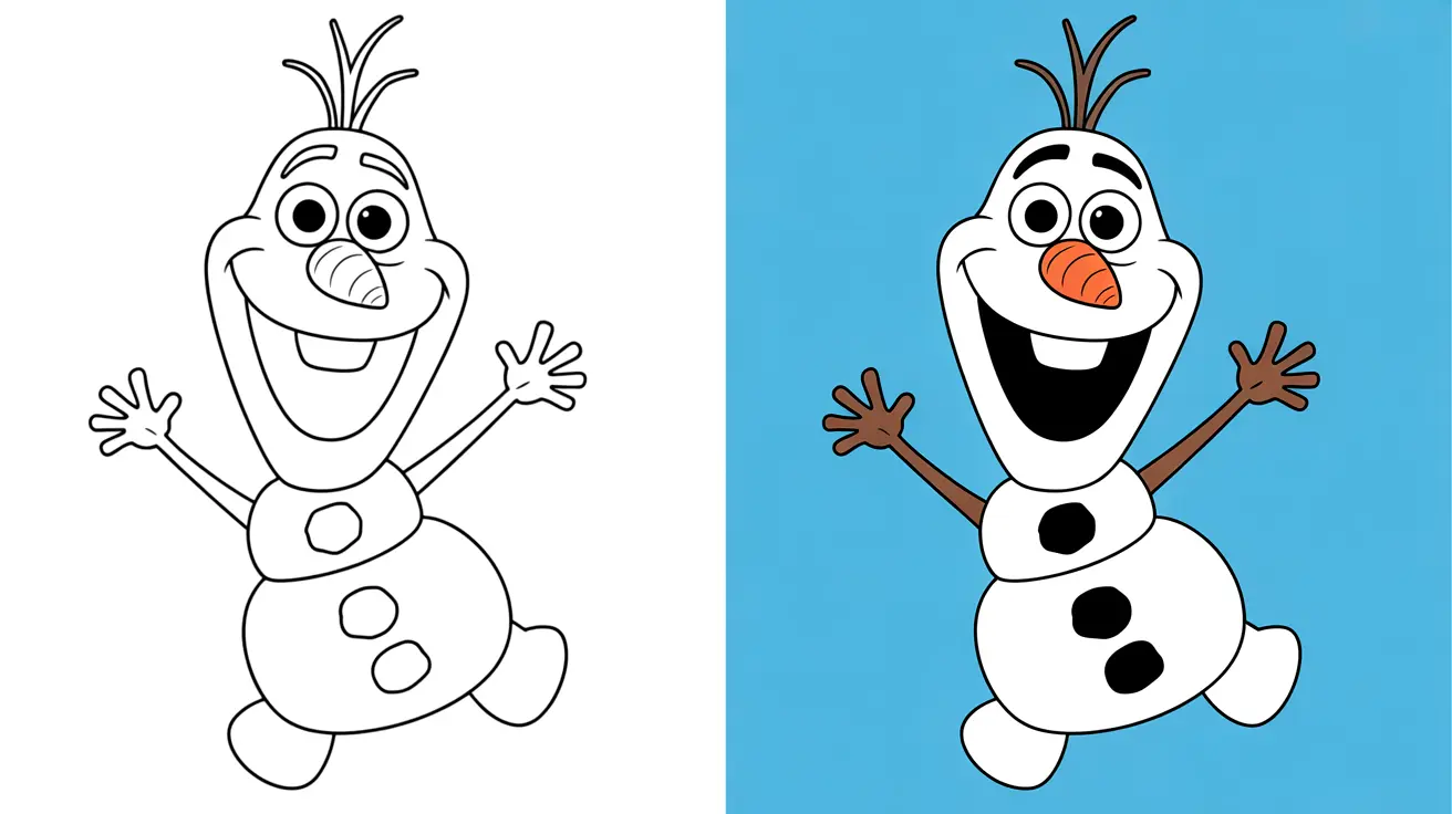 Two-panel olaf coloring pages: one outlined, the other colored with a blue background