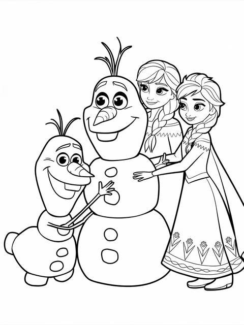 Olaf and anna building a snowman together in a coloring page illustration