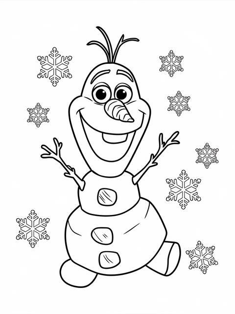 Olaf the snowman happily smiling, surrounded by snowflakes, from a coloring page