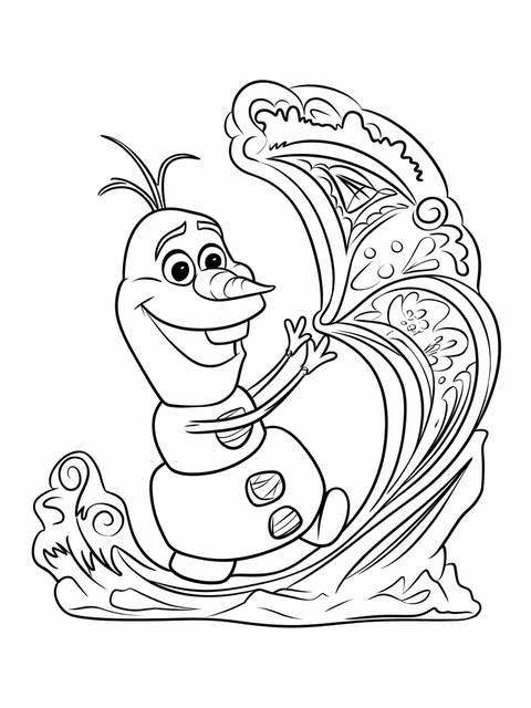 Olaf from frozen, working on a snow sculpture, smiling, in a coloring page