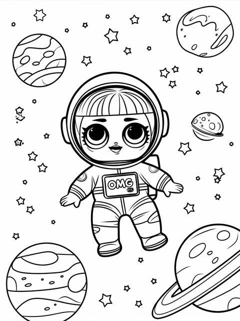 An omg doll as an astronaut, floating among planets and stars in space