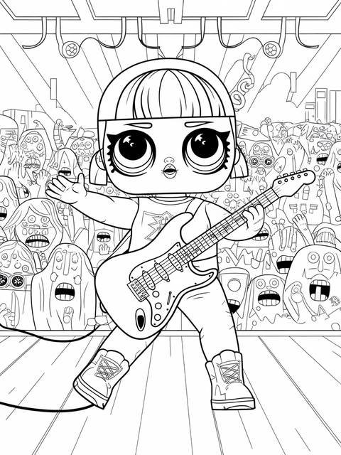 Coloring page of an omg doll dressed as a rock star, playing a guitar