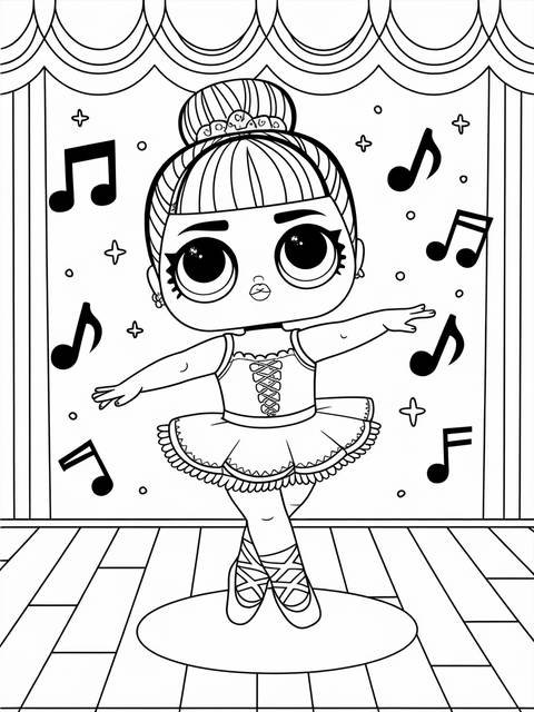 Coloring page of an omg doll in a ballerina outfit, striking a pose