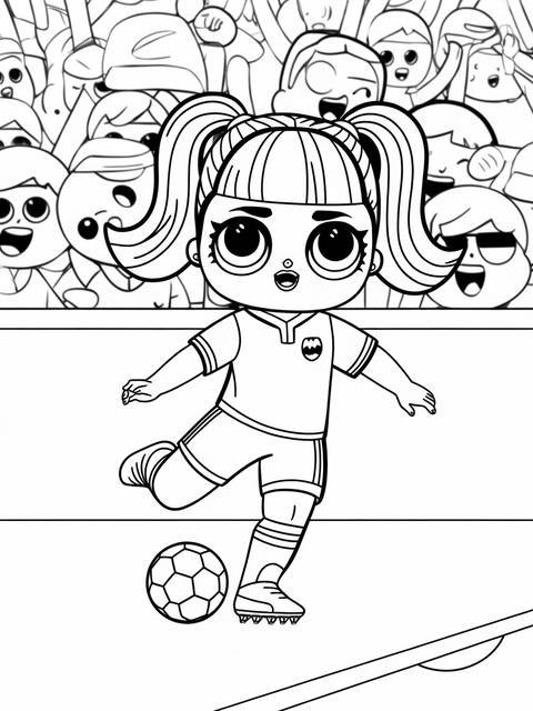 An omg doll in a sports uniform kicking a soccer ball on a coloring page