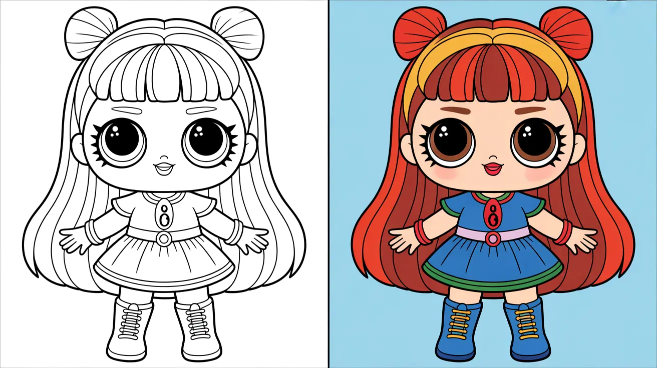 Coloring page of an omg dolls character, featuring a doll with red hair