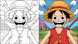 Two panel image of one piece character luffy, one colored, one a coloring page