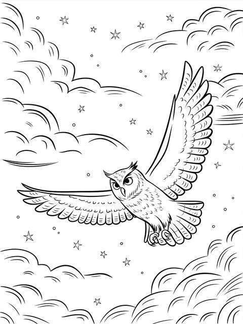 An owl flying through a night sky, illustrated with clouds and stars