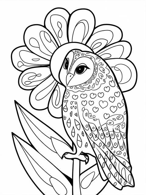 Line art of an owl peeking out from behind a flower; a coloring page