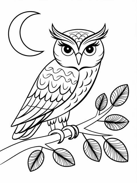 An owl perched on a branch, with a crescent moon in the background