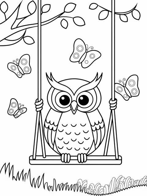 An owl sitting on a swing, with butterflies, a coloring page cover