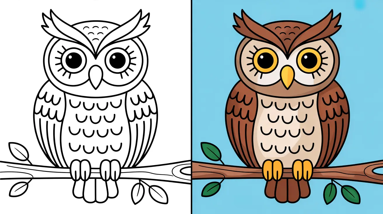 Owl coloring page with a two-panel image, one colored, one outline