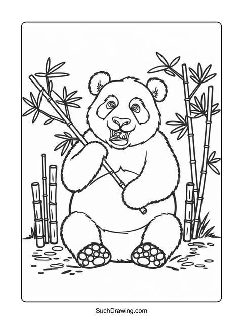 Black and white panda bear coloring page, holding bamboo, surrounded by bamboo stalks