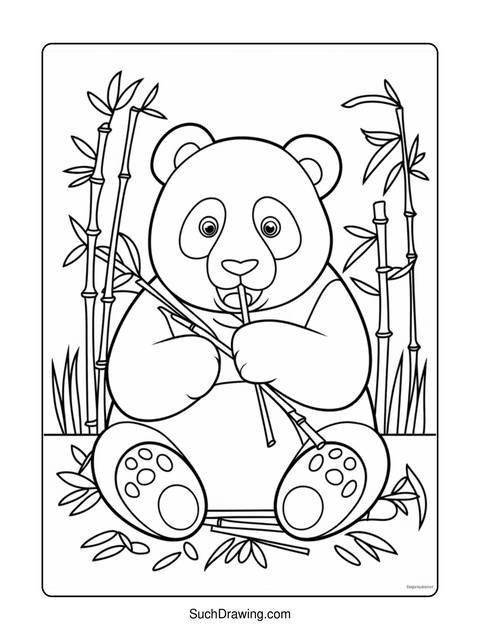 Line drawing of a panda bear sitting and eating bamboo stalks