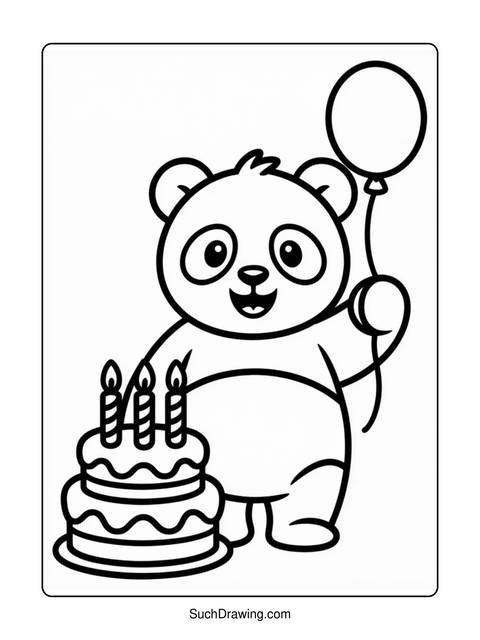 A panda holding a balloon next to a birthday cake with candles