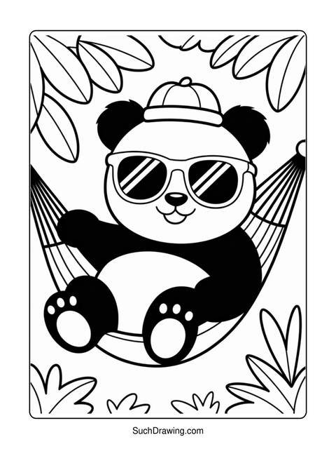 Black and white panda wearing sunglasses and a hat in a hammock
